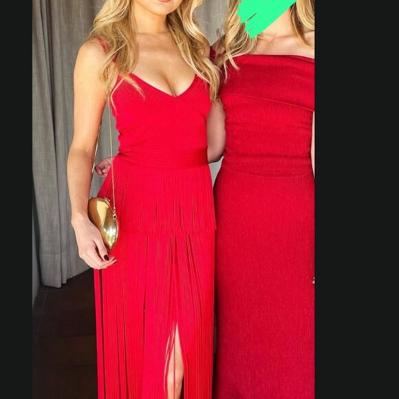 HERVE LEGER Strappy Ottoman Fringe Gown In Rio Red - Picture 3 of 7